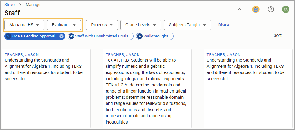 Staff management interface displaying goals pending approval per school and evaluator.